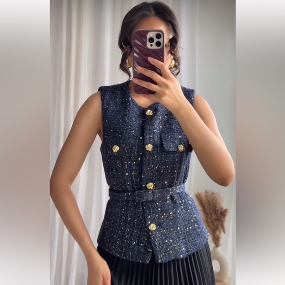 NWT NAVY BLUE BELTED SEQUIN STRUCTURED VEST SIZE XS - Picture 1 of 15